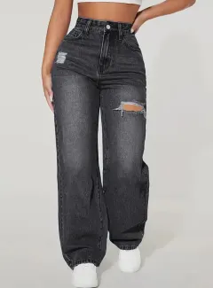 European And American Ladies Washed Hole Denim Trousers - Black - View 1
