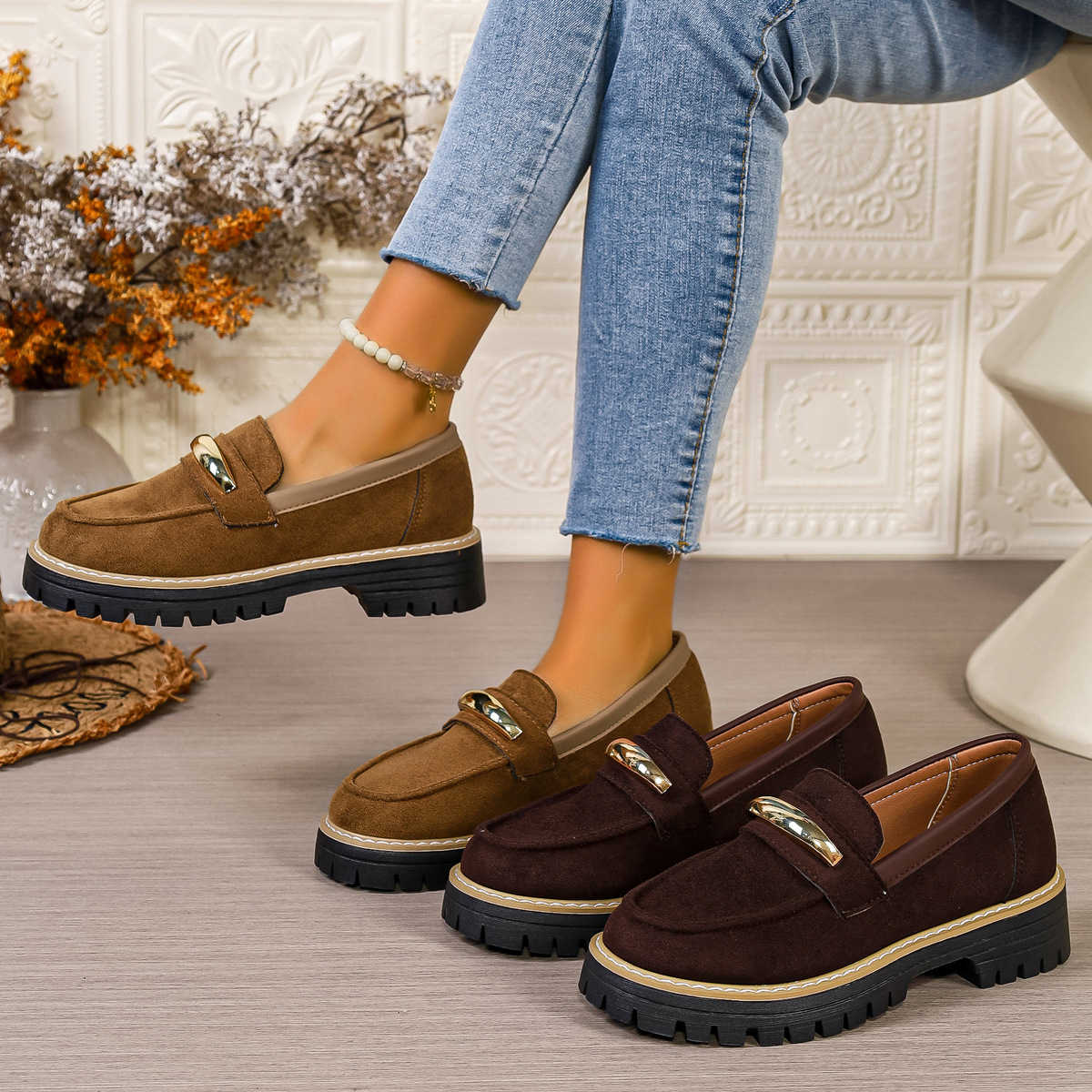 British-style Womens Leather Shoes Versatile Retro Color-block Casual Chunky-heel Pumps