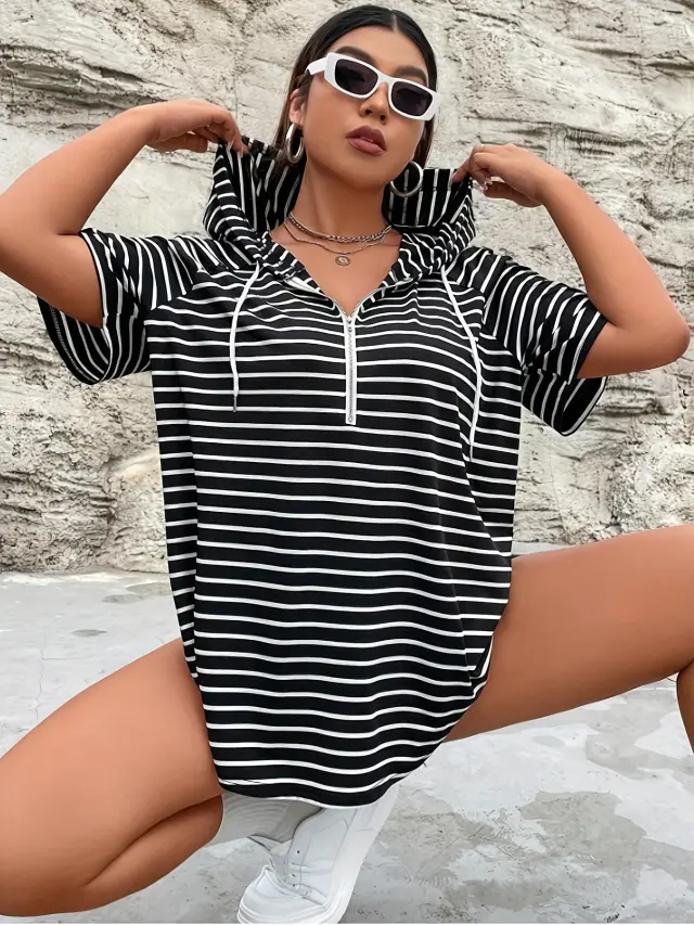 Women's Fashion Striped Zipper Hooded Top Black - Shop at LoveMi