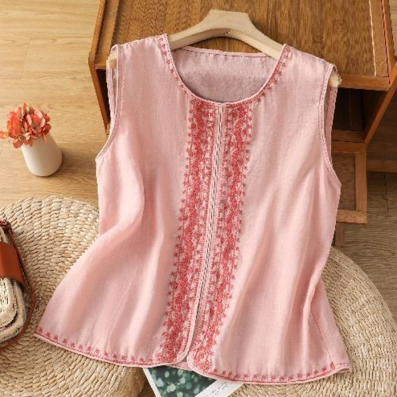Age-reducing Embroidered Cotton-linen Sleeveless Blouse For Women — image 1