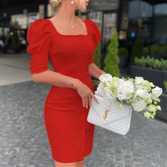 Woman Square neck Bubble Sleeve Temperament Dress Red - Shop at LoveMi