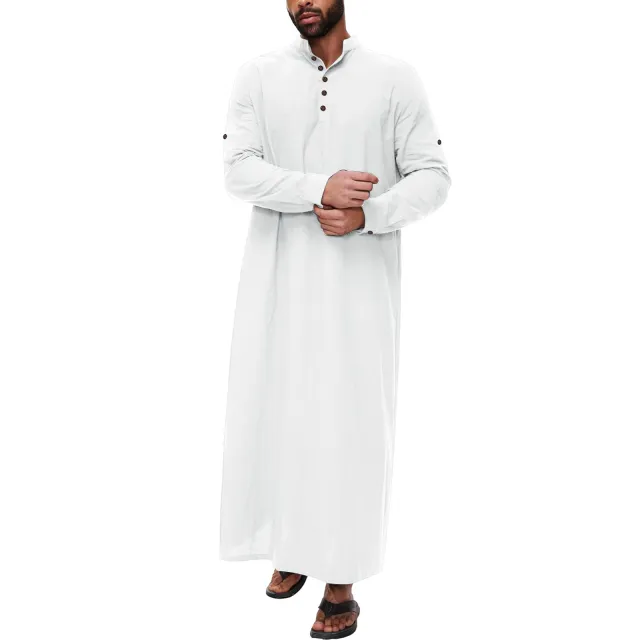 Simple Cotton And Linen Long Men's Stand Collar Button Muslim Robe Tan - Shop at LoveMi
