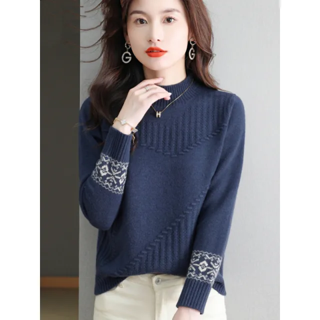 Half Turtleneck Brocade Sweater Loose Navy Blue - Shop at LoveMi