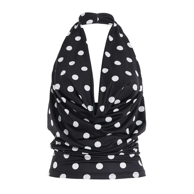 Halter Backless Polka dot Cinched Women's Waistcoat Black - Shop at LoveMi