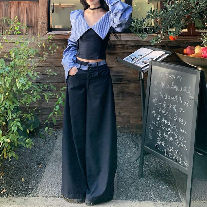 Striped Halterneck Chic Long-sleeve Shirt Paired With Draping Patchwork Wide-leg Pants