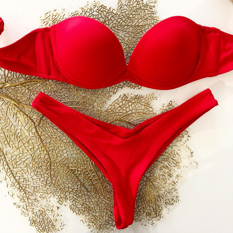 Solid-color Bikini With Tie Straps Two-piece Swimsuit