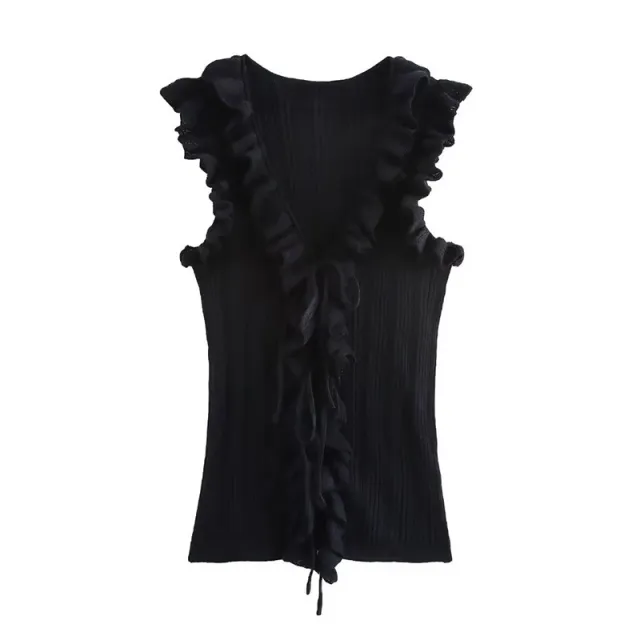 Women's Frill Tie With Sleeveless Knitted Cardigan Top Black - Shop at LoveMi