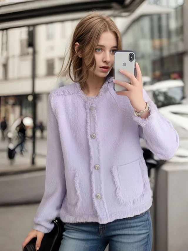 Western Classy Style Tassel Cardigan Autumn And Winter Imitation Mink Round Neck Knitted Loose Coat Purple - Shop at LoveMi