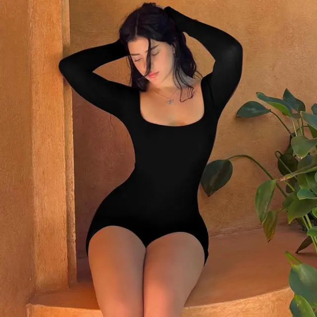 Long Sleeve U Collar Tether Backless High Waist Hip Lifting Sport Yoga Jumpsuit Black - Shop at LoveMi