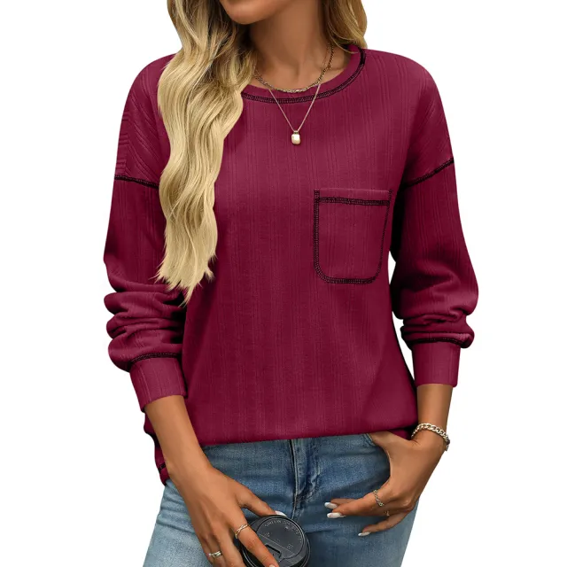 Women's Sunken Stripe Brushed Round Neck Pocket T shirt Wine - Shop at LoveMi