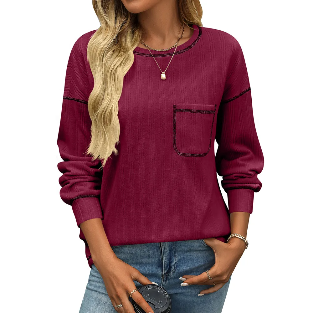 Women's Sunken Stripe Brushed Round Neck Pocket T-shirt - Wine