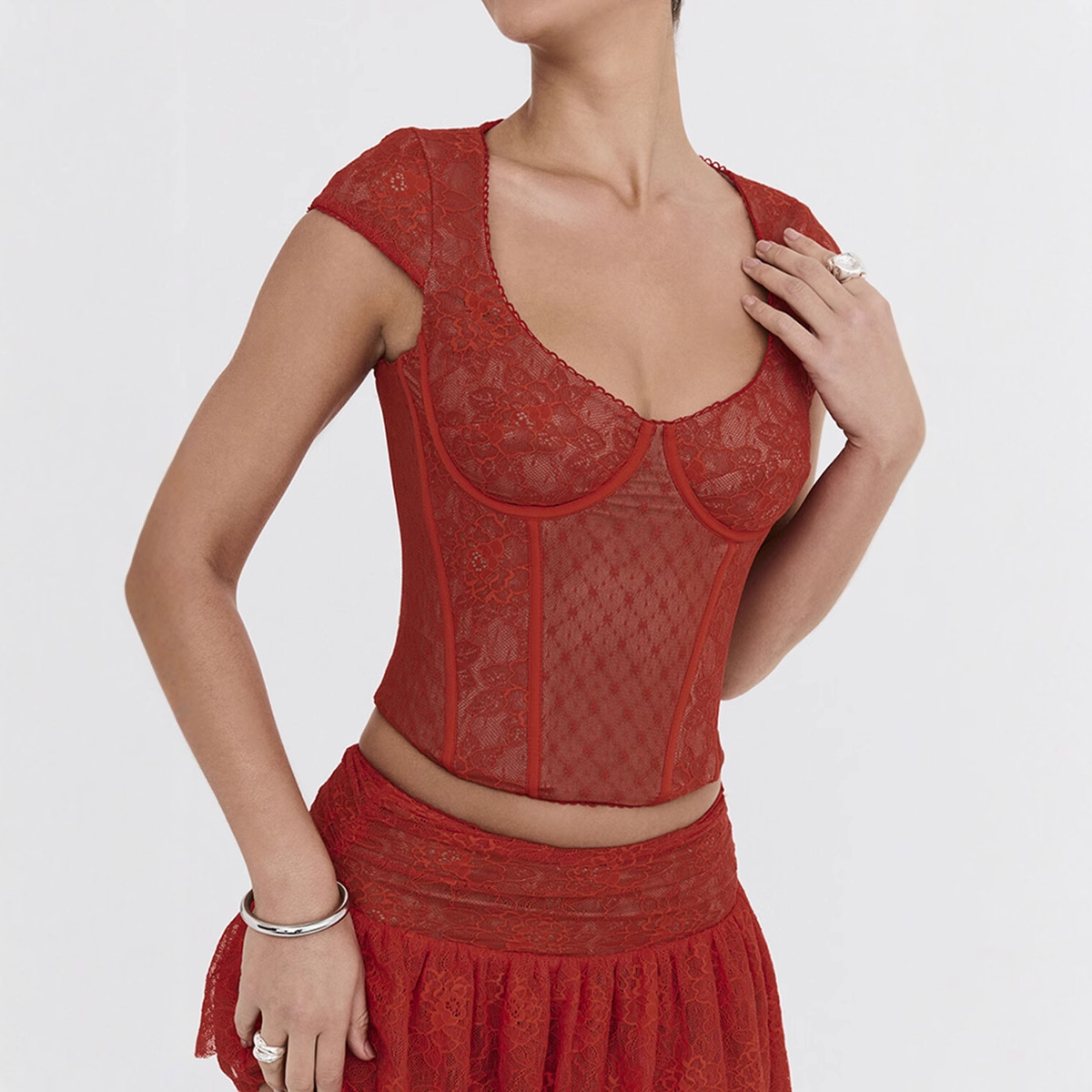 French-style Lace Polka-Dot Spliced Fishbone Lace Top