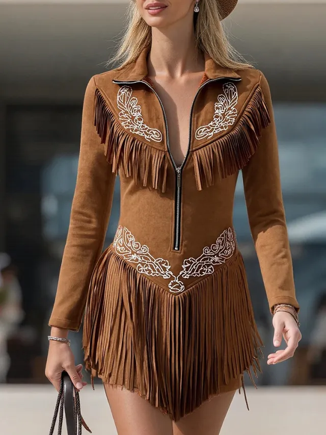 Casual Western style Suede Fringe Long Sleeve Dress Caramel Color - Shop at LoveMi