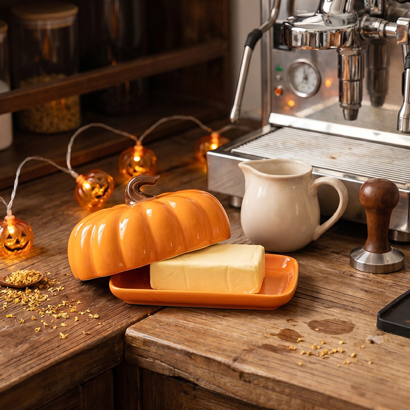 Personalized pumpkin ceramic butter dish (orange)