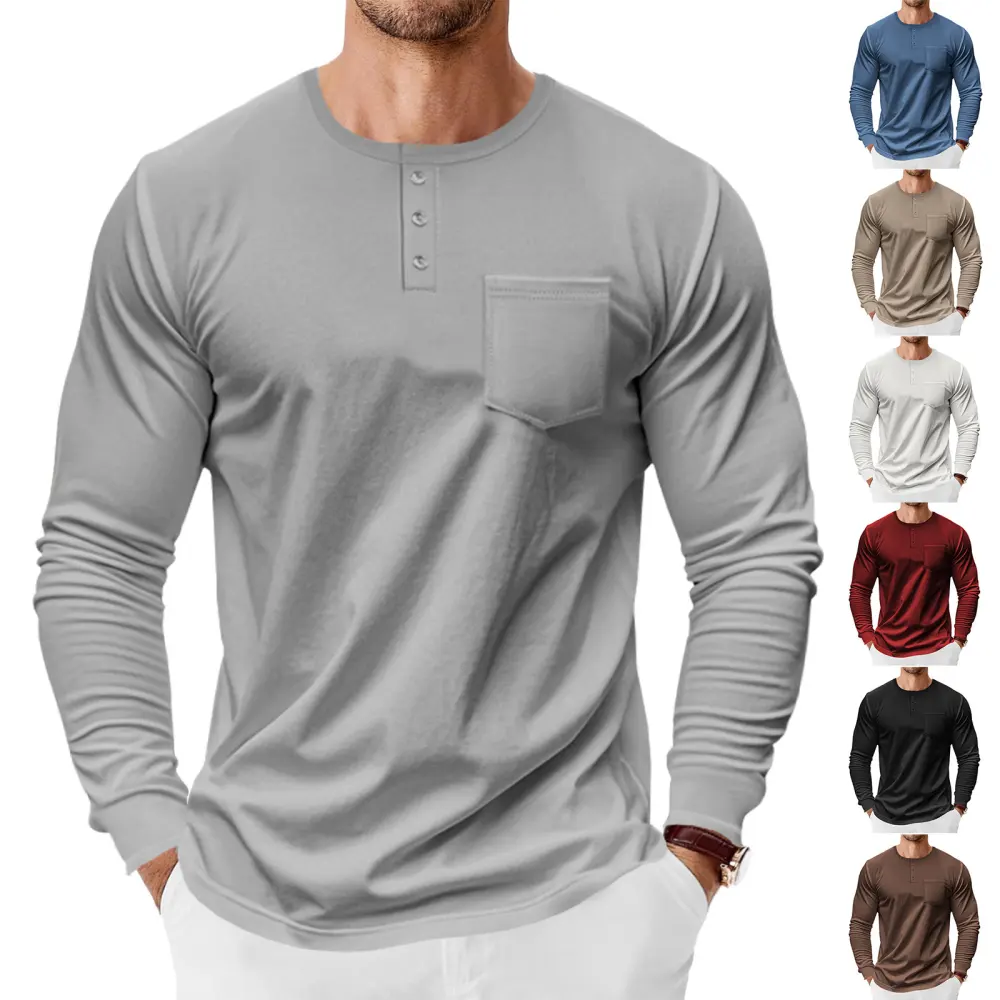 Men's Spring and Autumn Henley Shirt Long Sleeve