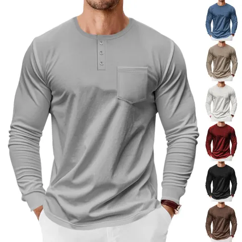 Men's Spring and Autumn Henley Shirt Long Sleeve
