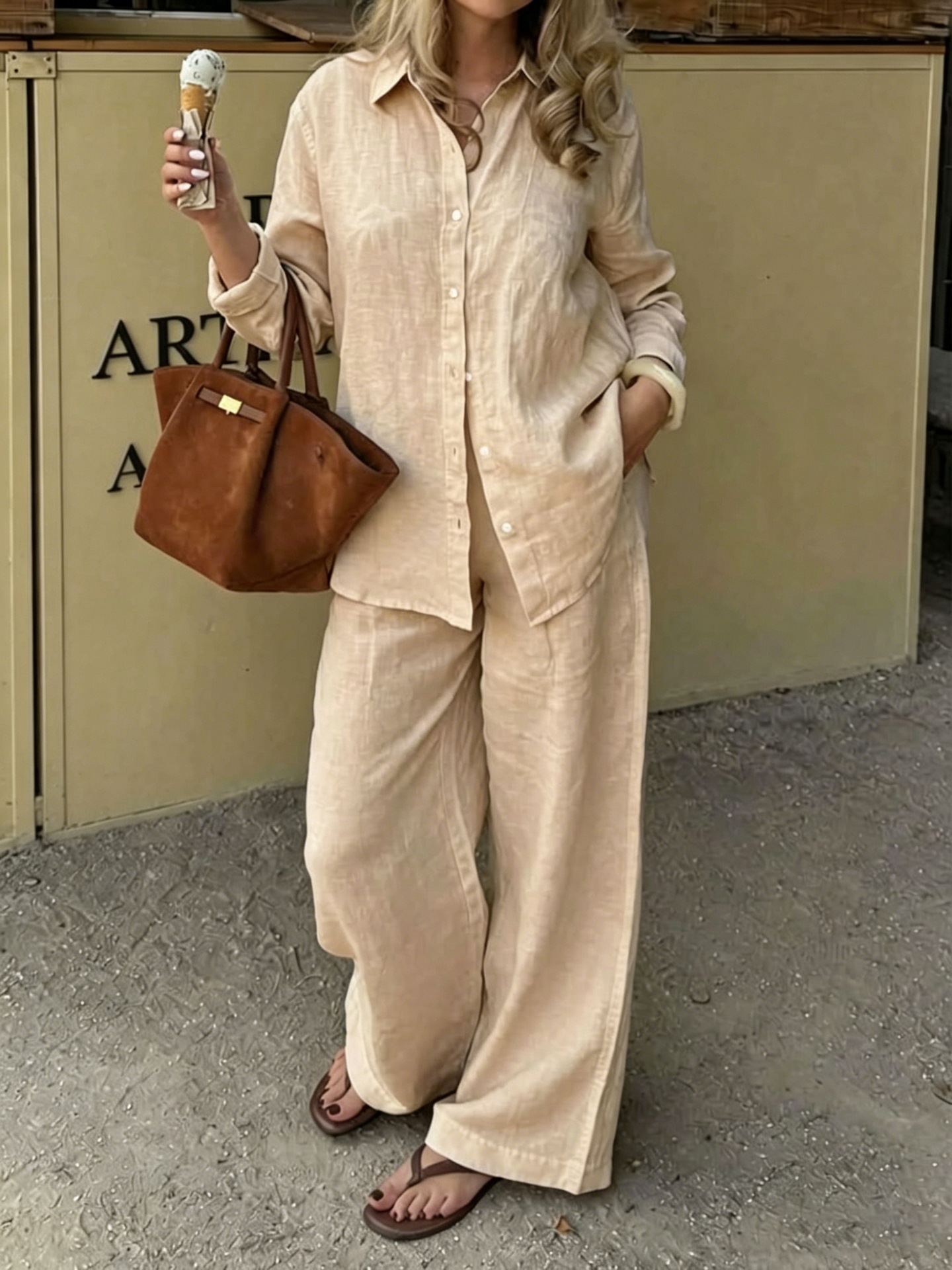 Simple Linen Two-piece Set With A Lapel And Long Sleeves 7