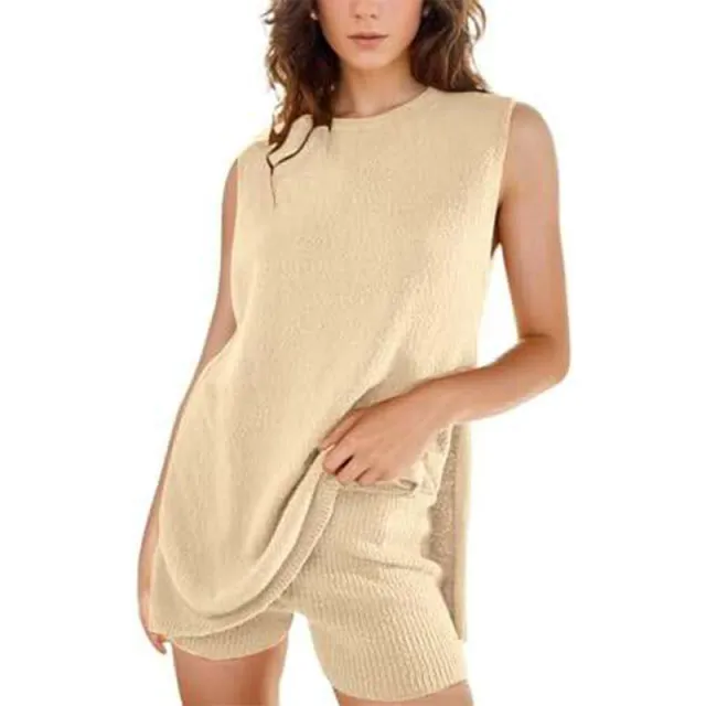 Casual Knitted Sleeveless Knitted Sleeveless Suit Apricot - Shop at LoveMi