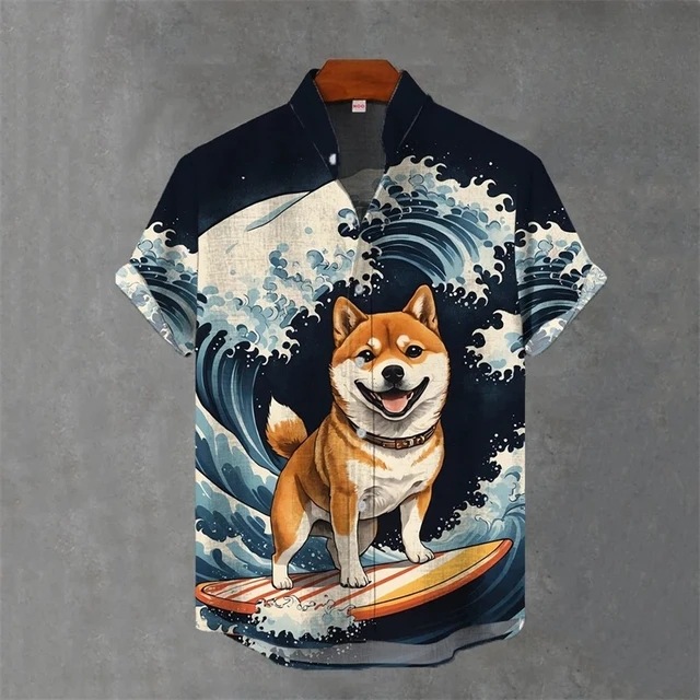 Animal-print Mens Shirt Summer Casual Short Sleeves