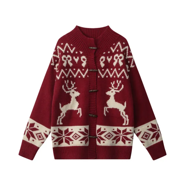 Loose Knitted Jacquard Horn Button Retro Women's Cardigan Sweater Red - Shop at LoveMi