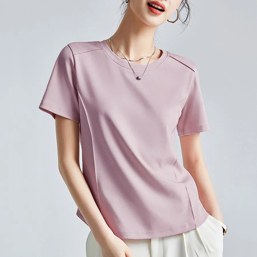 Shoulder T-shirt Mercerized Cotton Round Neck Bottoming Shirt - Rose Violet