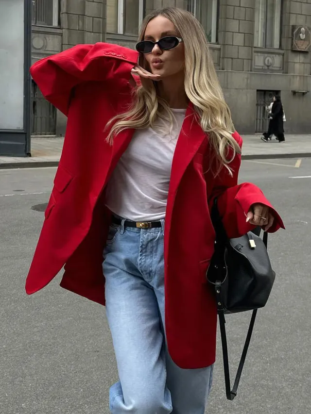 Feminine Style Shoulder Pad Loose Collar Pocket Jacket Red - Shop at LoveMi