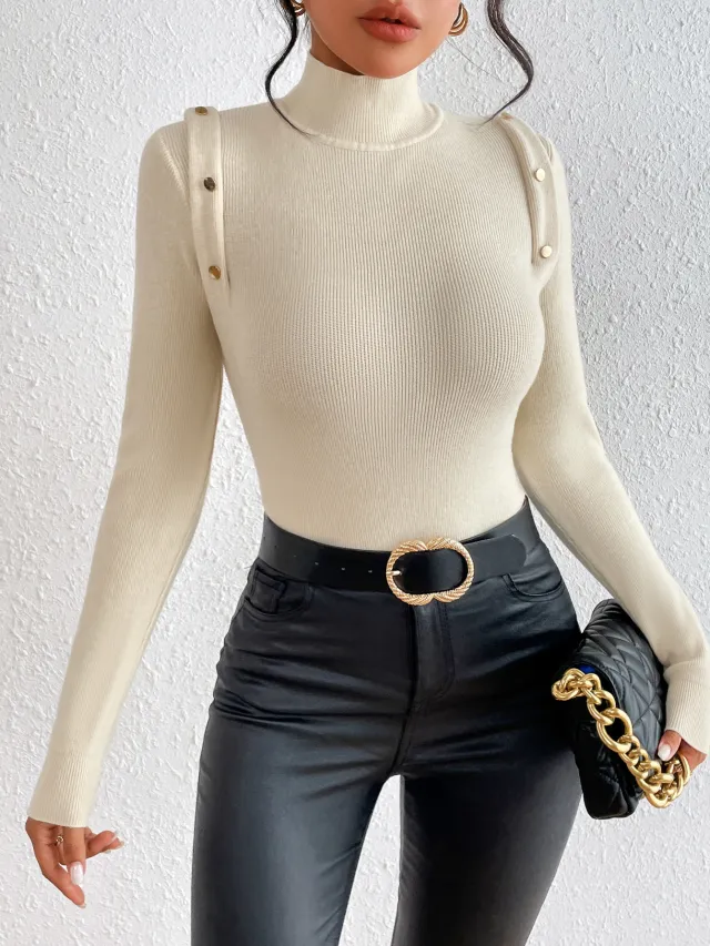 Solid Color Turtleneck Buttons Pullover Knitted Sweater Beige - Shop at LoveMi