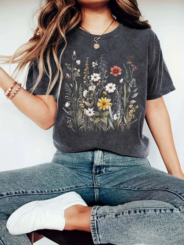 European And American Summer Women's Plant Flower Pattern Printed Short Sleeve Washed Black - Shop at LoveMi