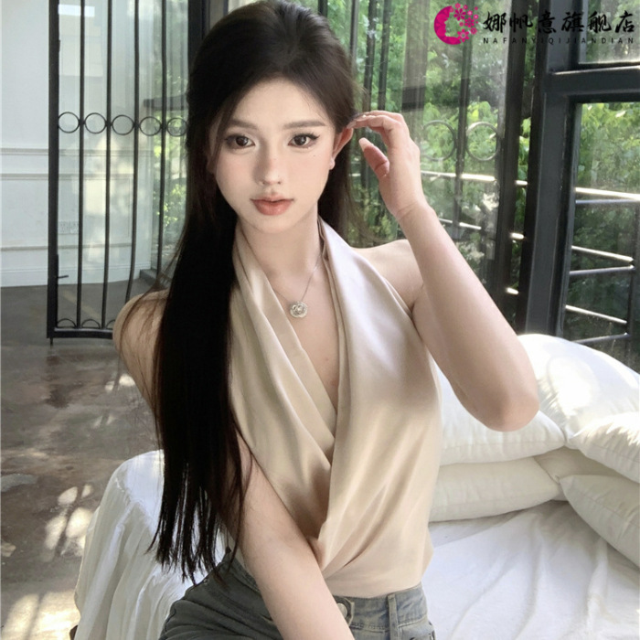 Womens Solid Color Minimalism Backless Satin Sleeveless Top