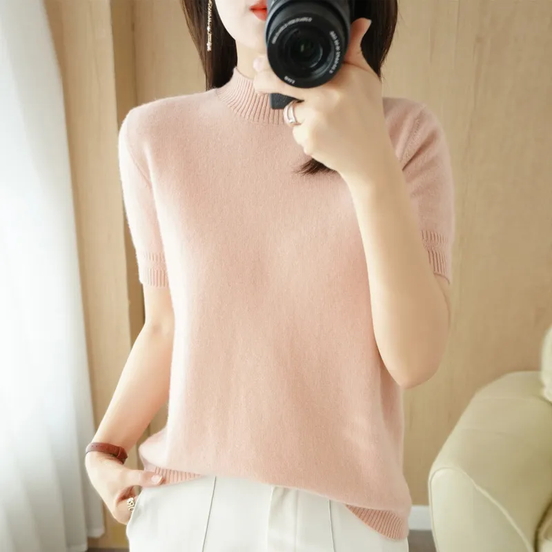 Mock-neck Mid-length Sleeve Lightweight Sweater Women - Cherry Blossom Powder