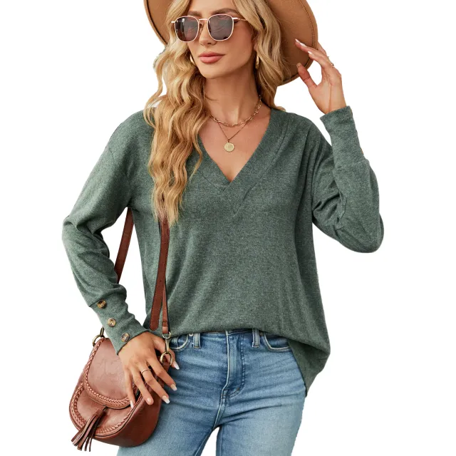 Solid Color And V neck Loose Long Sleeve Button T shirt Top Dark Green - Shop at LoveMi