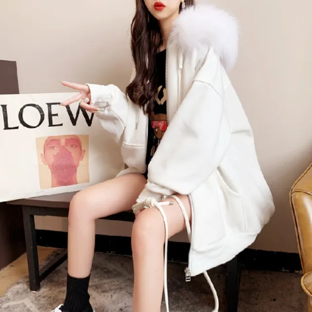 Plus Size Fleece lined Thicker Hooded Cardigan Sweater Loose Design White - Shop at LoveMi