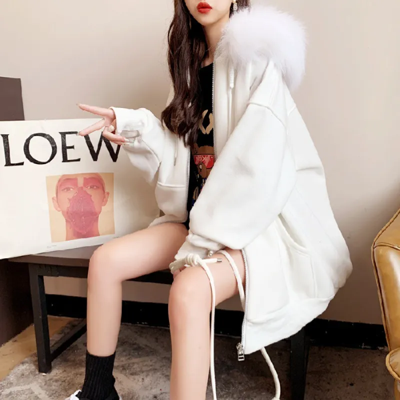 Plus Size Fleece-lined Thicker Hooded Cardigan Sweater Loose Design - White