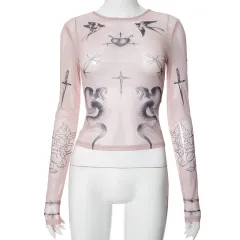 Summer Animal And Plant Printed Mesh Round Neck Long Sleeve T-shirt - As Shown In The Figure-L - View 1