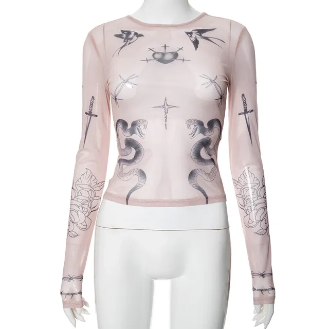 Summer Animal And Plant Printed Mesh Round Neck Long Sleeve T shirt As Shown In The Figure - Shop at LoveMi