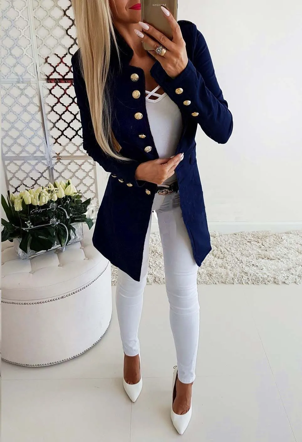 Women's Long-sleeved Breasted Slim Fit Small Business Suit Coat - Blue