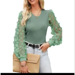 Women's Mesh Small Flower Chiffon Shirt Summer Round Neck Long Sleeve Top - Green - View 1