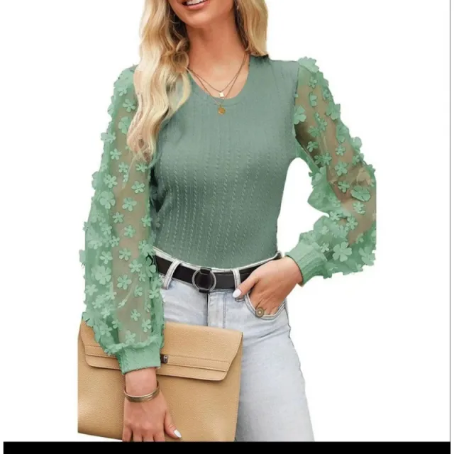 Women's Mesh Small Flower Chiffon Shirt Summer Round Neck Long Sleeve Top Green - Shop at LoveMi