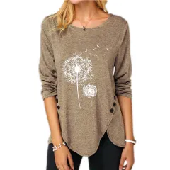 New Irregular Button Long Sleeve Round Neck Women's Printed Wear T-shirt - Khaki - View 1