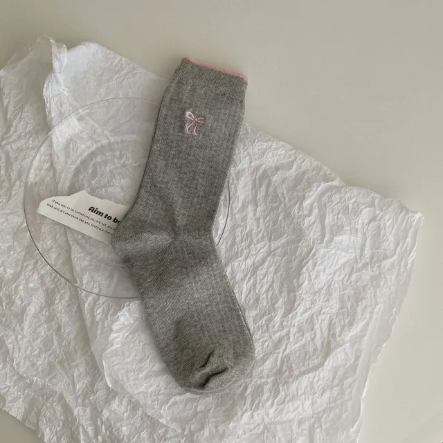 South Korea Ins Wear Blogger Color Block Embroidery Bow Bunching Socks Light Gray - Shop at LoveMi