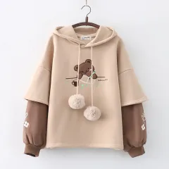 Japanese Mori Winter Fleece-lined Thickening Embroidery Painting Bear Hooded Pullover Women's Sweater - Khaki - View 1