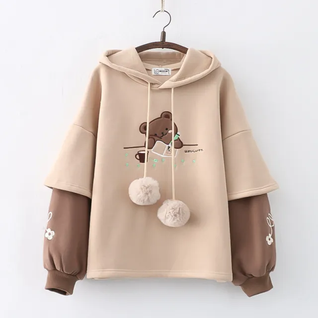 Japanese Mori Winter Fleece lined Thickening Embroidery Painting Bear Hooded Pullover Women's Sweater Khaki - Shop at LoveMi