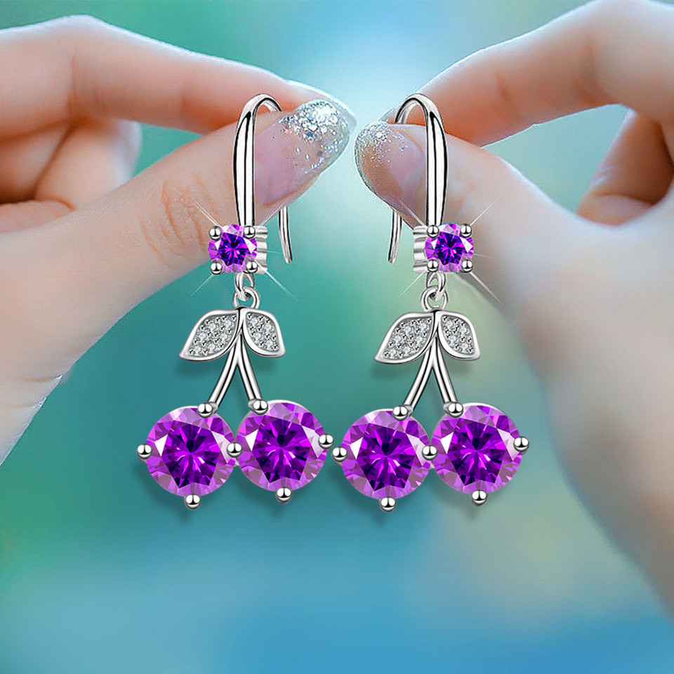 Cherry Inlaid Mid-length Color Zircon Earrings