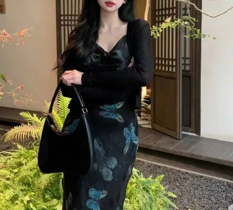 Womens Retro Butterfly French-Style Slim-fit Slip Dress - Image 5