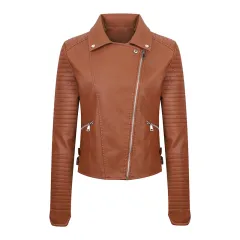 Women's Leather Clothing Coat Short Washed Slim Fit - Chocolate - View 1