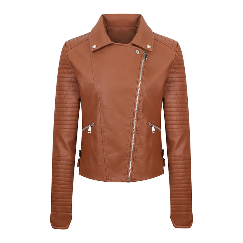 Women's Leather Clothing Coat Short Washed Slim Fit - Chocolate