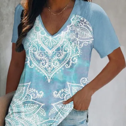 Summer Fashion Casual V neck Women's Printed Tie dye Short sleeved T shirt G56J323 4Xl - Shop at LoveMi