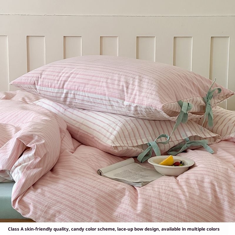 Candy-colored Cotton Striped Pillowcase With A Bow Detail | Grolano