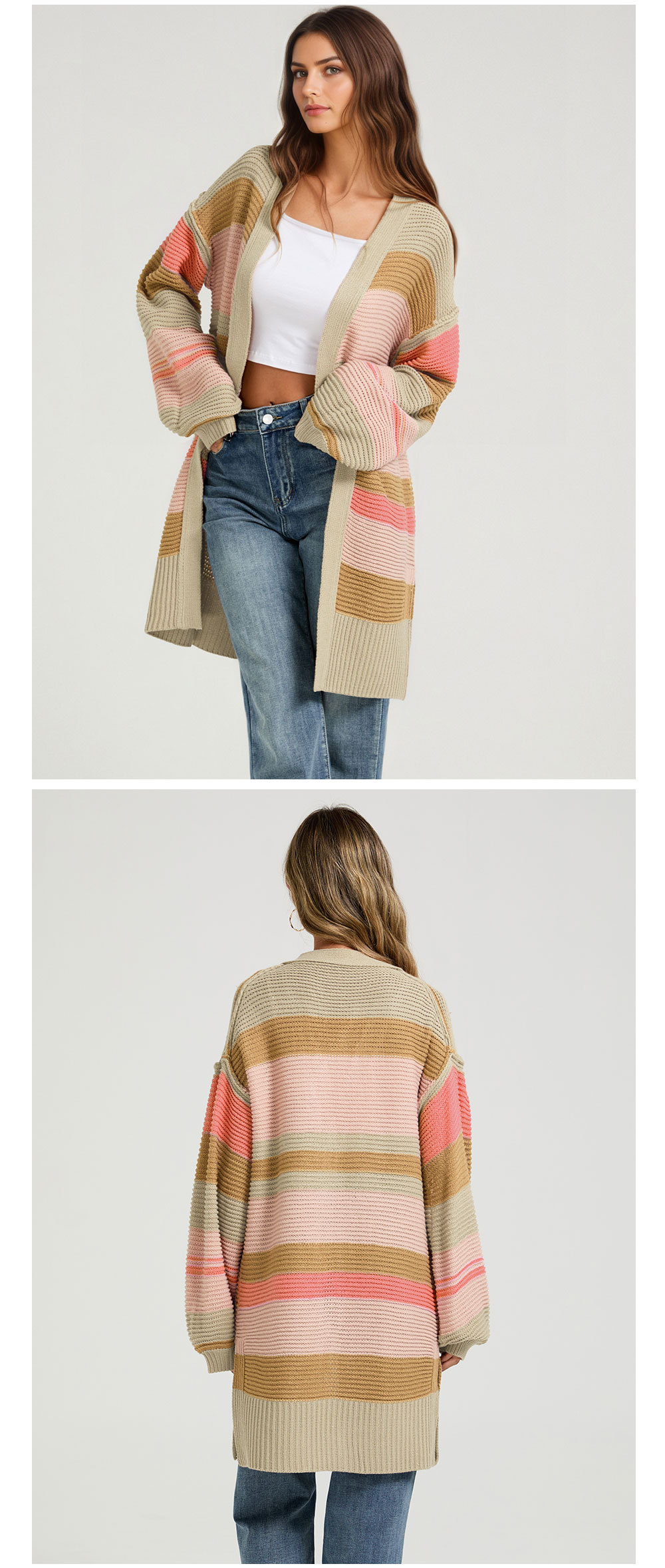 Color-block long sleeve cardigan coat — street fashion women's outerwear