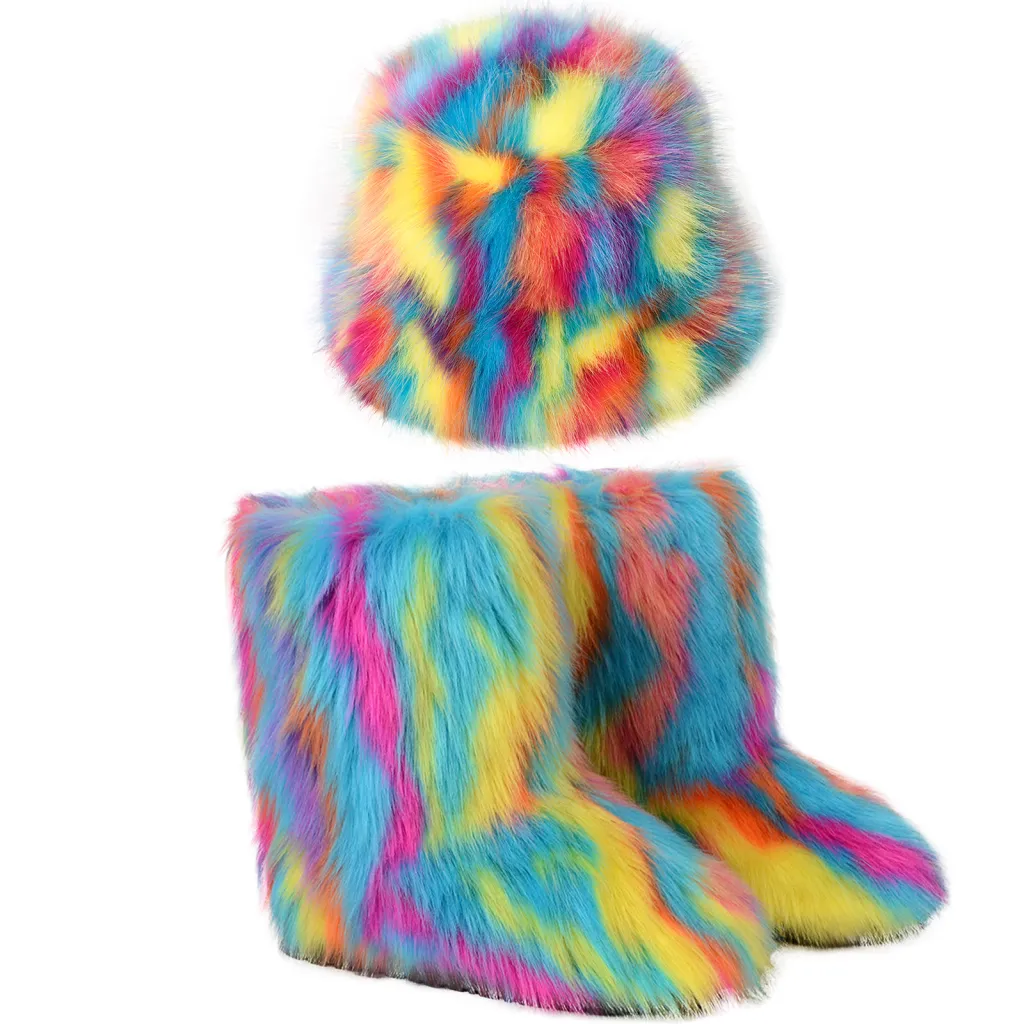 Warm Plush Boots Color Fur Bucket Hat - Color 2 Suit-43
